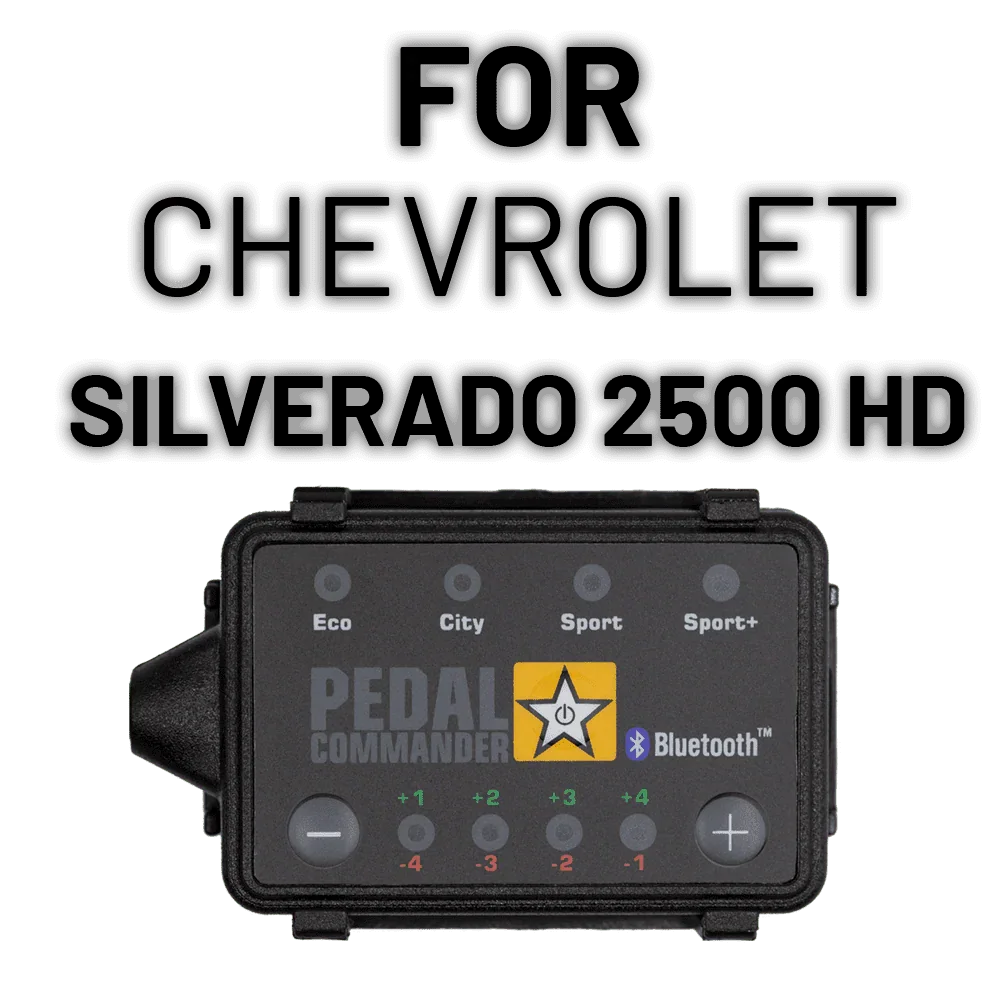 Pedal Commander throttle response controller for Chevrolet Silverado 2500HD, showing mode buttons and Bluetooth icon.