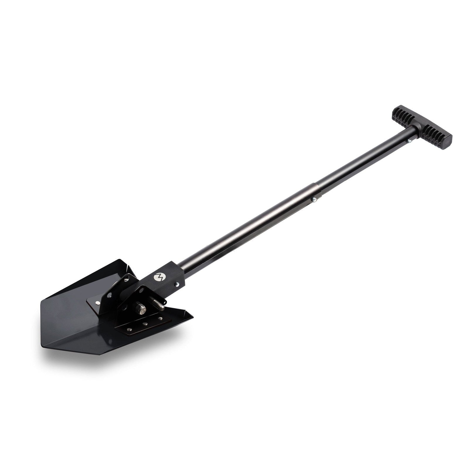 Black compact folding shovel with T-handle for overlanding and camping gear