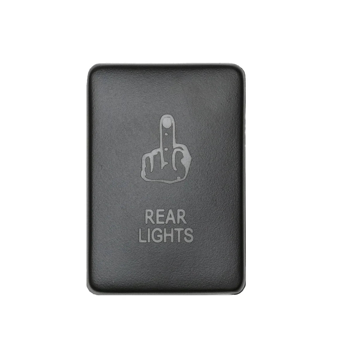 Black OEM-style rear lights switch with humorous etched hand symbol for vehicle modification