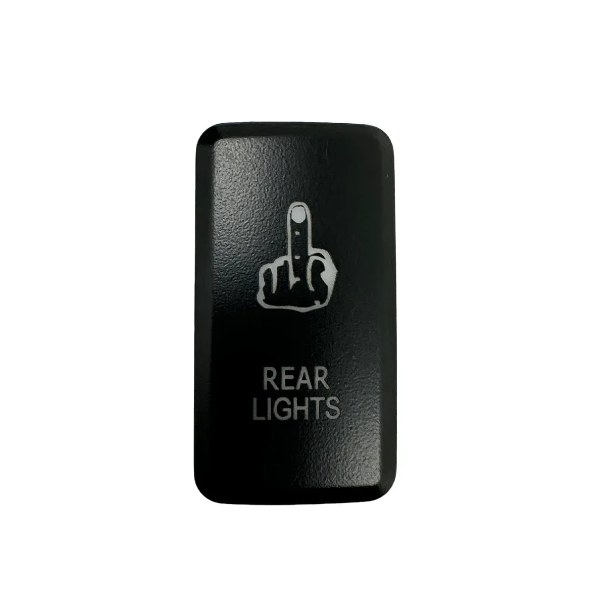 Black rear lights rocker switch with humorous hand graphic for off-road vehicles.