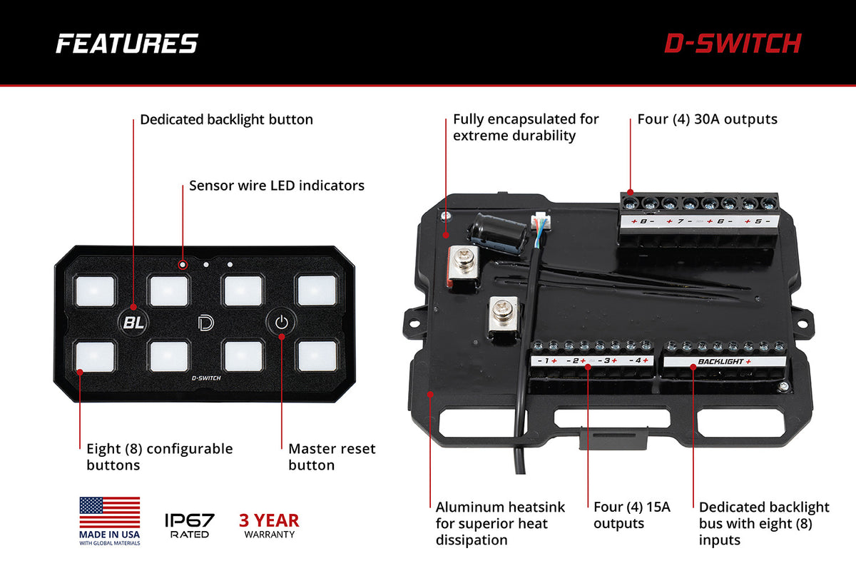 Diode Dynamics D-Switch 8-channel switch panel – spec diagram