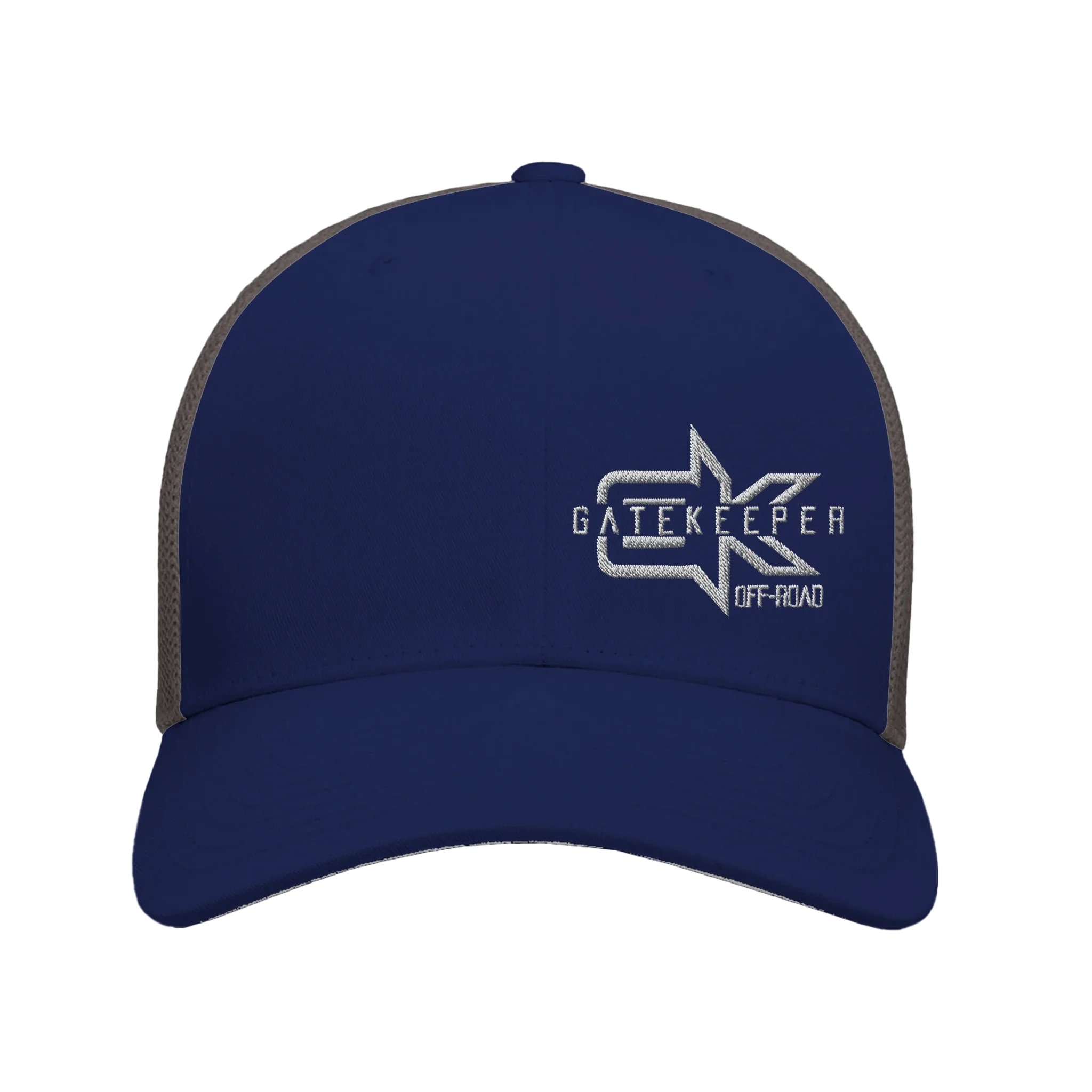 Blue and gray mesh trucker hat with Gatekeeper Off-Road logo, overland adventure gear