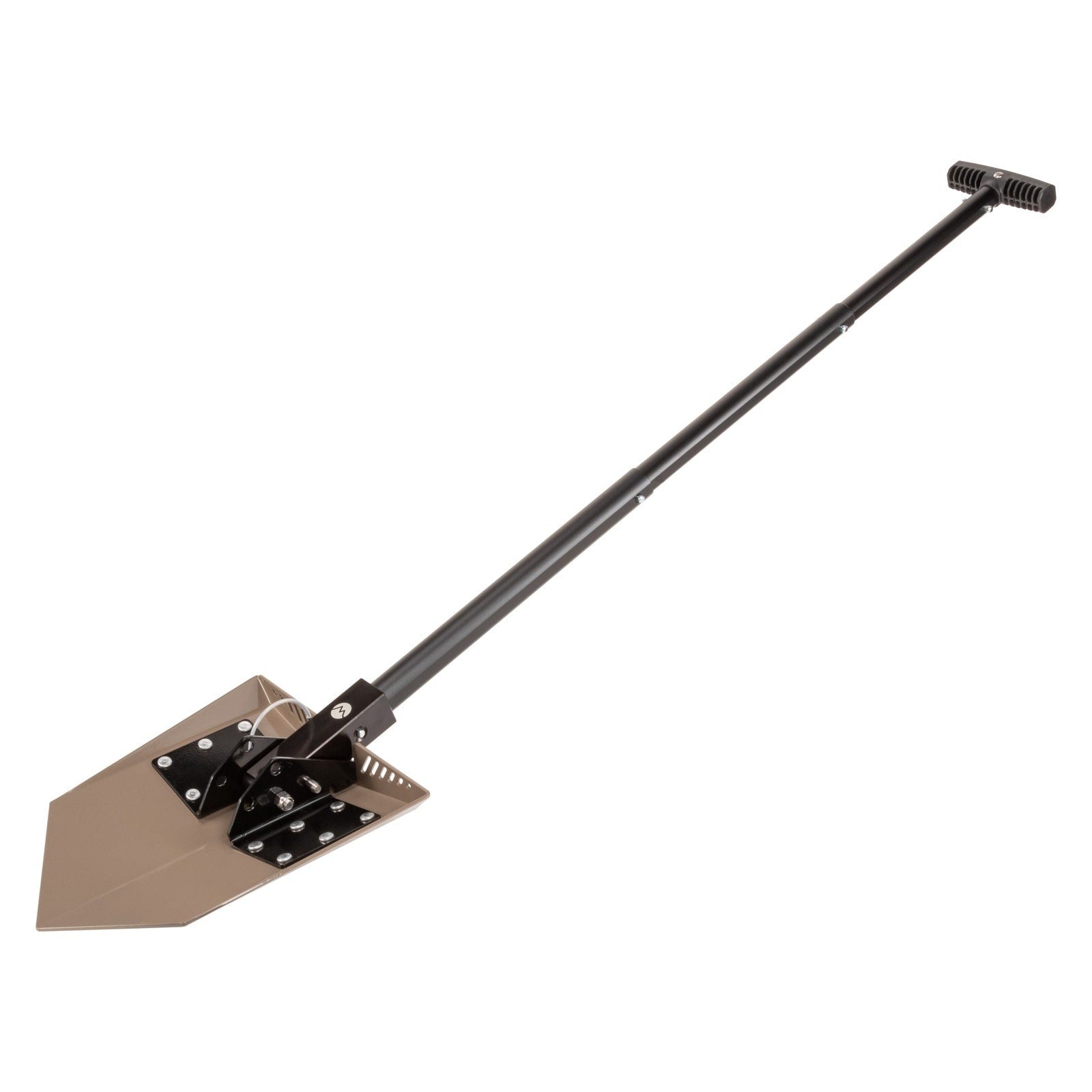 Foldable overland recovery shovel with flat dark earth blade and black handle on white background