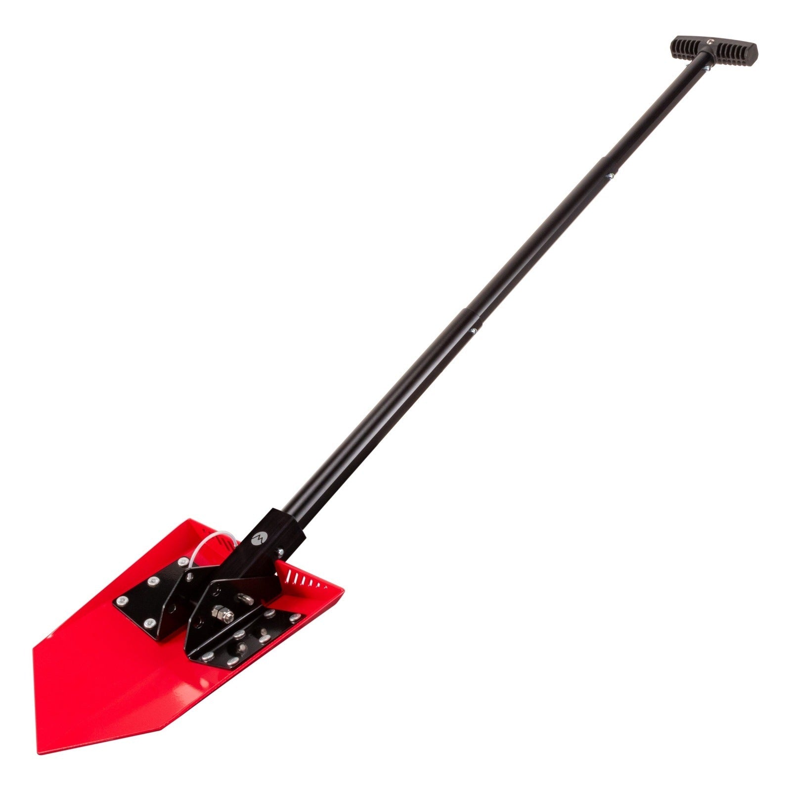 Collapsible red metal overland shovel with black handle for camping and off-road vehicles