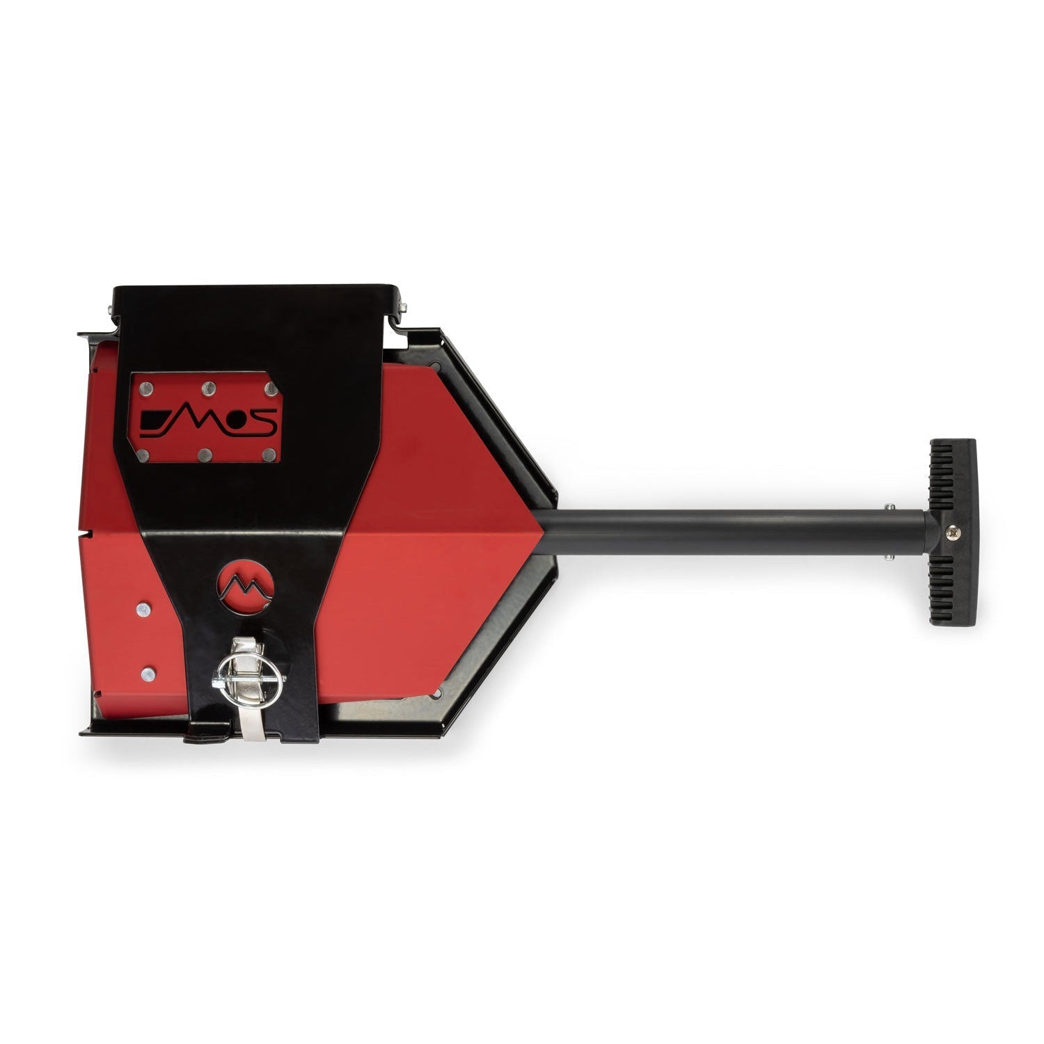 Aluminum overland shovel mount with red and black finish, designed for vehicle gear