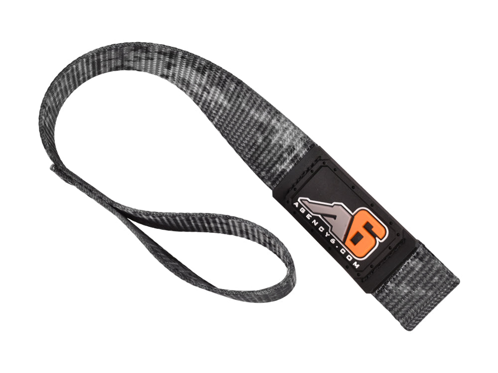 Grey nylon recovery tow strap with Agency6 patch for off-road vehicles and overlanding