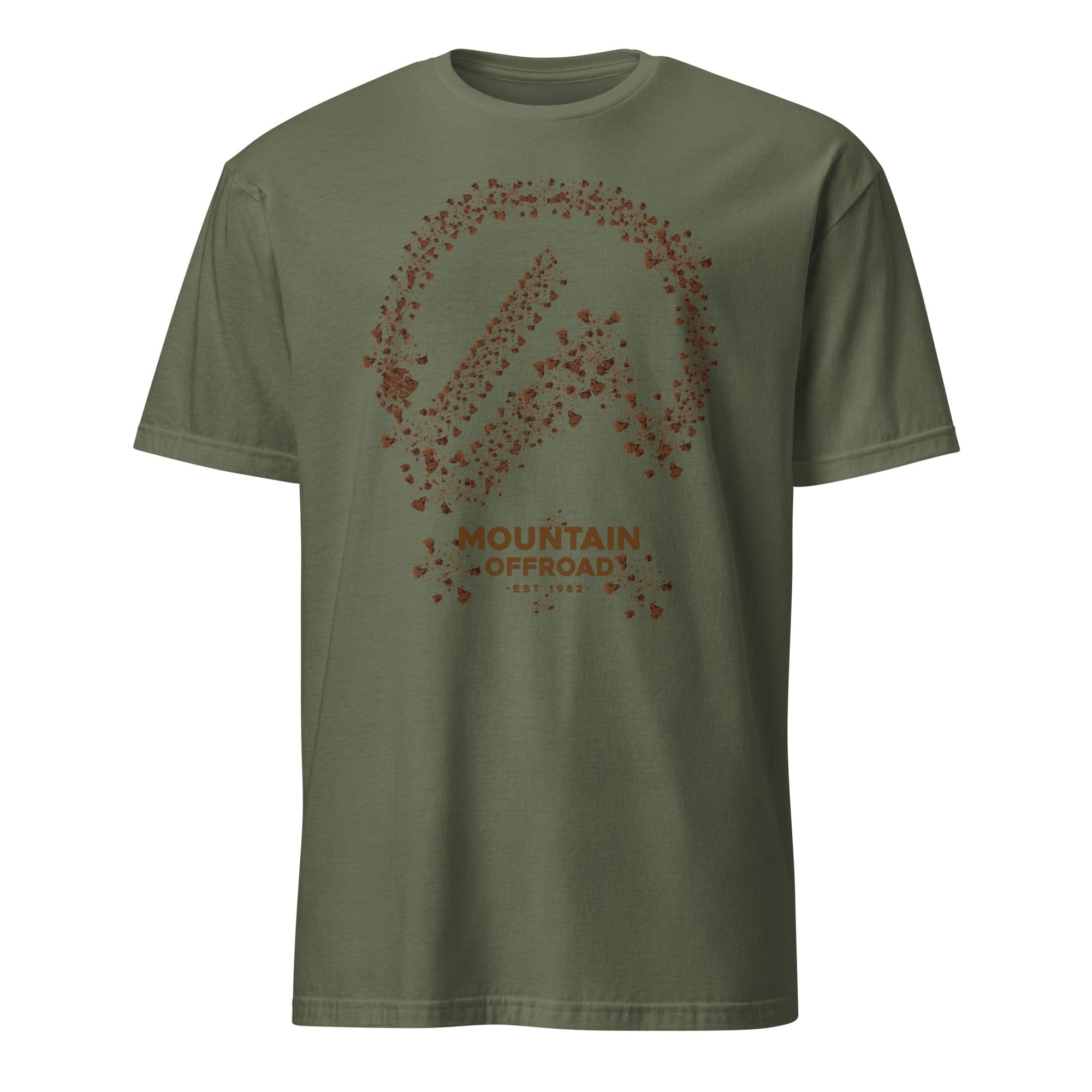 Olive green t-shirt with brown 'Mountain Offroad' logo and rugged trail design, adventure apparel