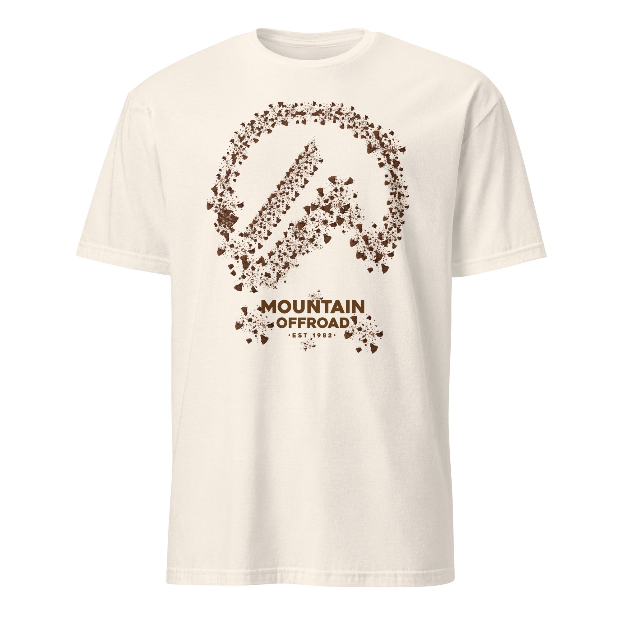 White t-shirt with brown mountain dirt logo and text Mountain Offroad, adventure gear style