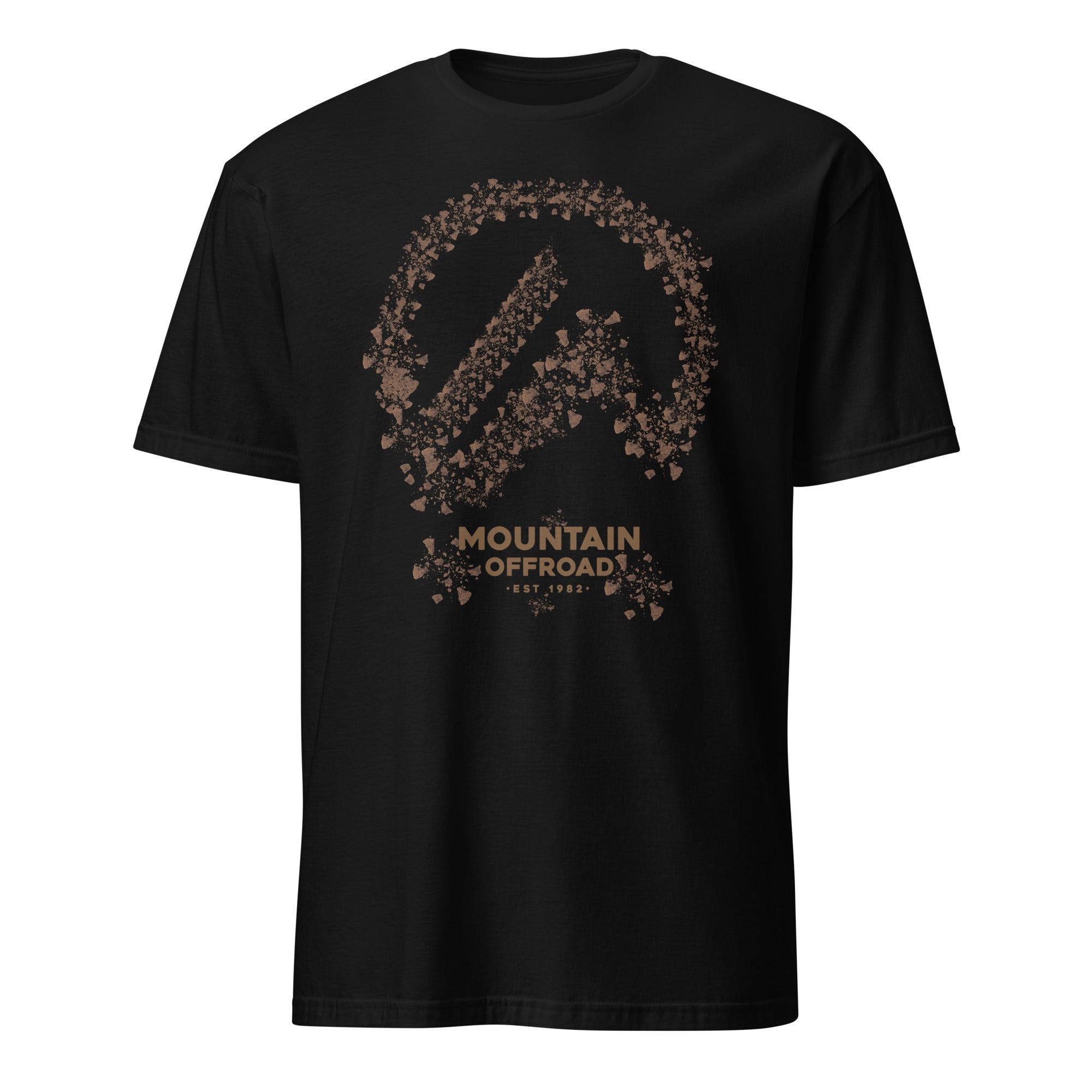 Black t-shirt with brown 'Mountain Offroad' dirt logo graphic, adventure camping apparel