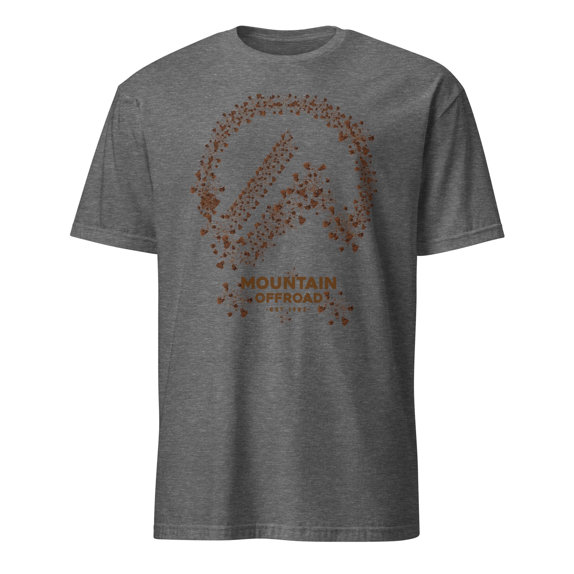 Gray t-shirt with brown Mountain Offroad logo and dirt splatter graphic, adventure gear style