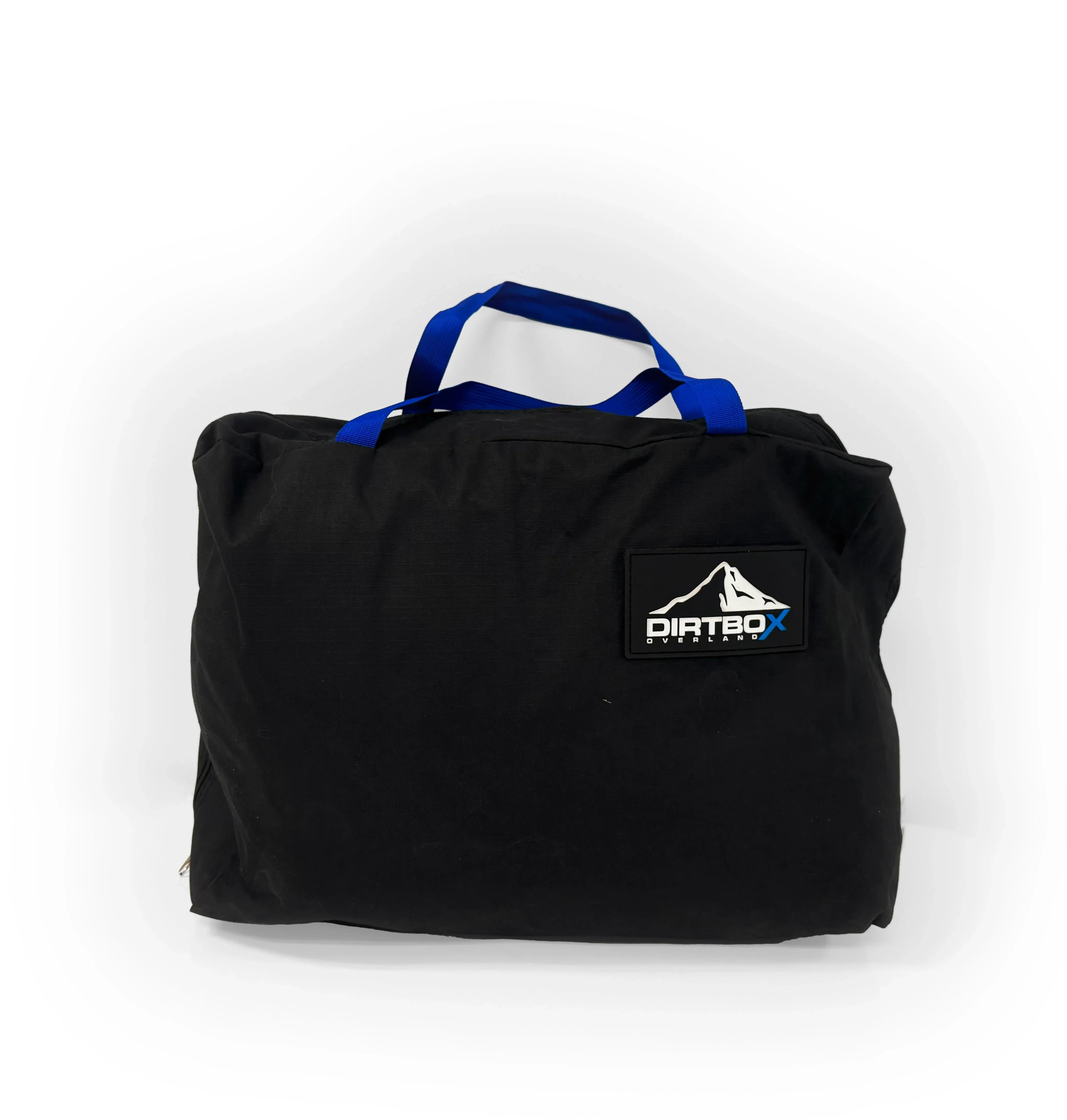 Black Dirtbox canopy camper insulation bag with blue handles on white background