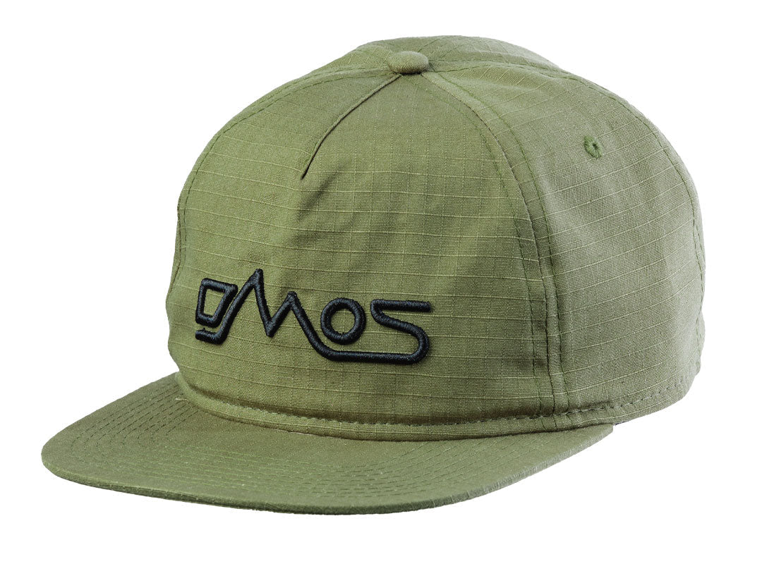 Olive green ripstop hat with black script logo, adventure and camping gear style