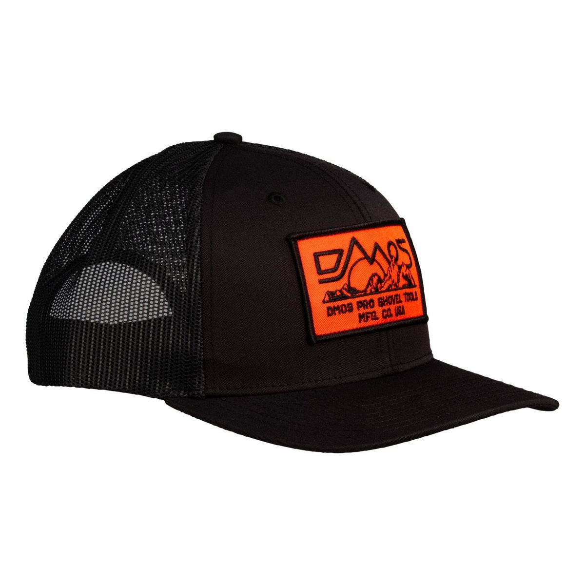 DMOS trucker hat 6 panel snapback with orange woven patch, universal fit