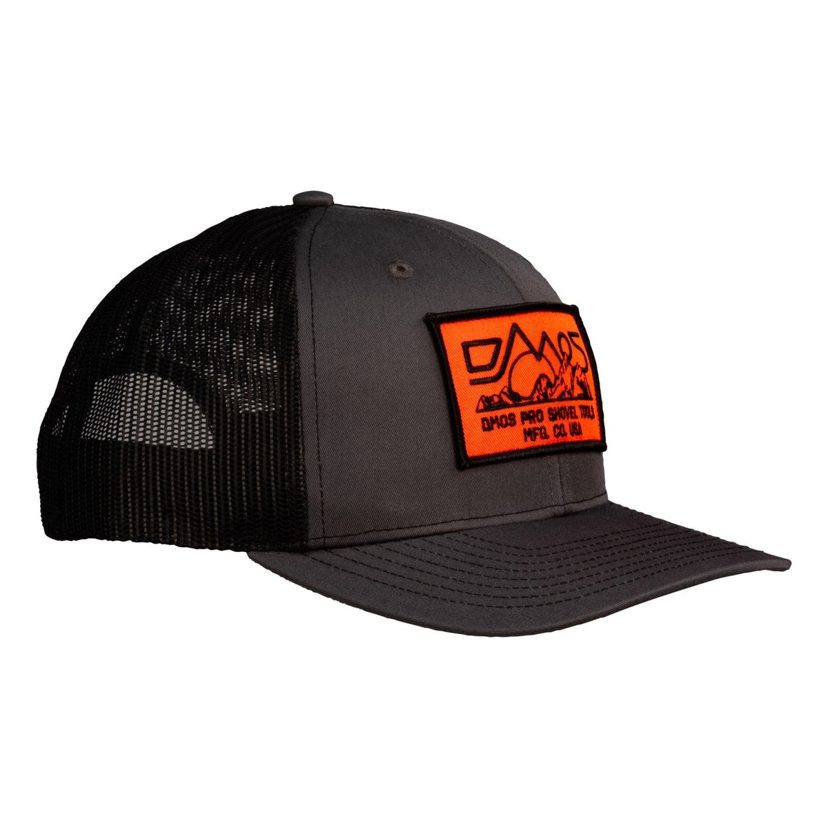 DMOS trucker hat 6 panel snapback with orange woven patch, universal fit