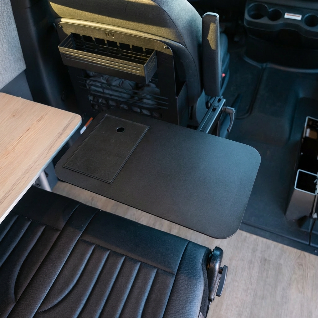 Foldable vehicle seat tray table for overlanding and expedition camping setups