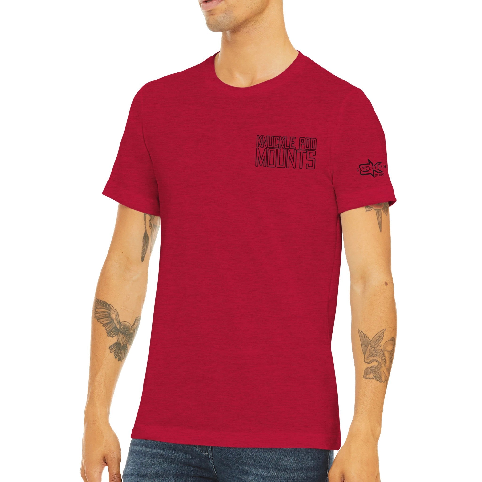 Red Knuckle Pod Mounts t-shirt for overlanding, worn by man with arm tattoos