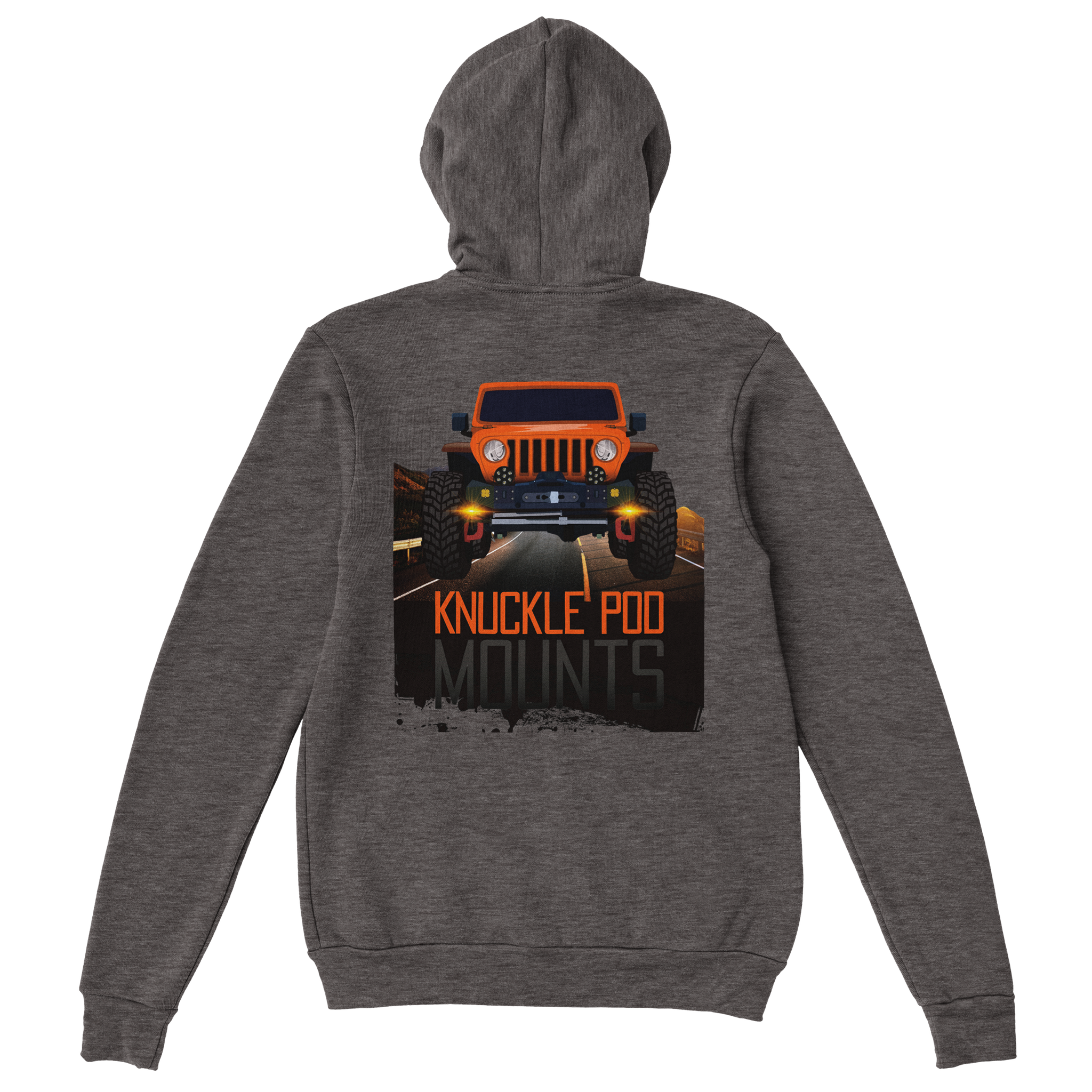 Gray hoodie with off-road Jeep graphic and 'Knuckle Pod Mounts' text on the back