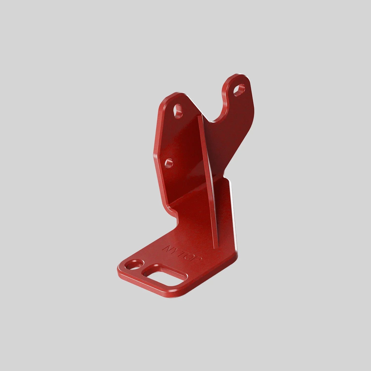 Red metal mounting bracket with multiple bolt holes for overlanding vehicle accessories