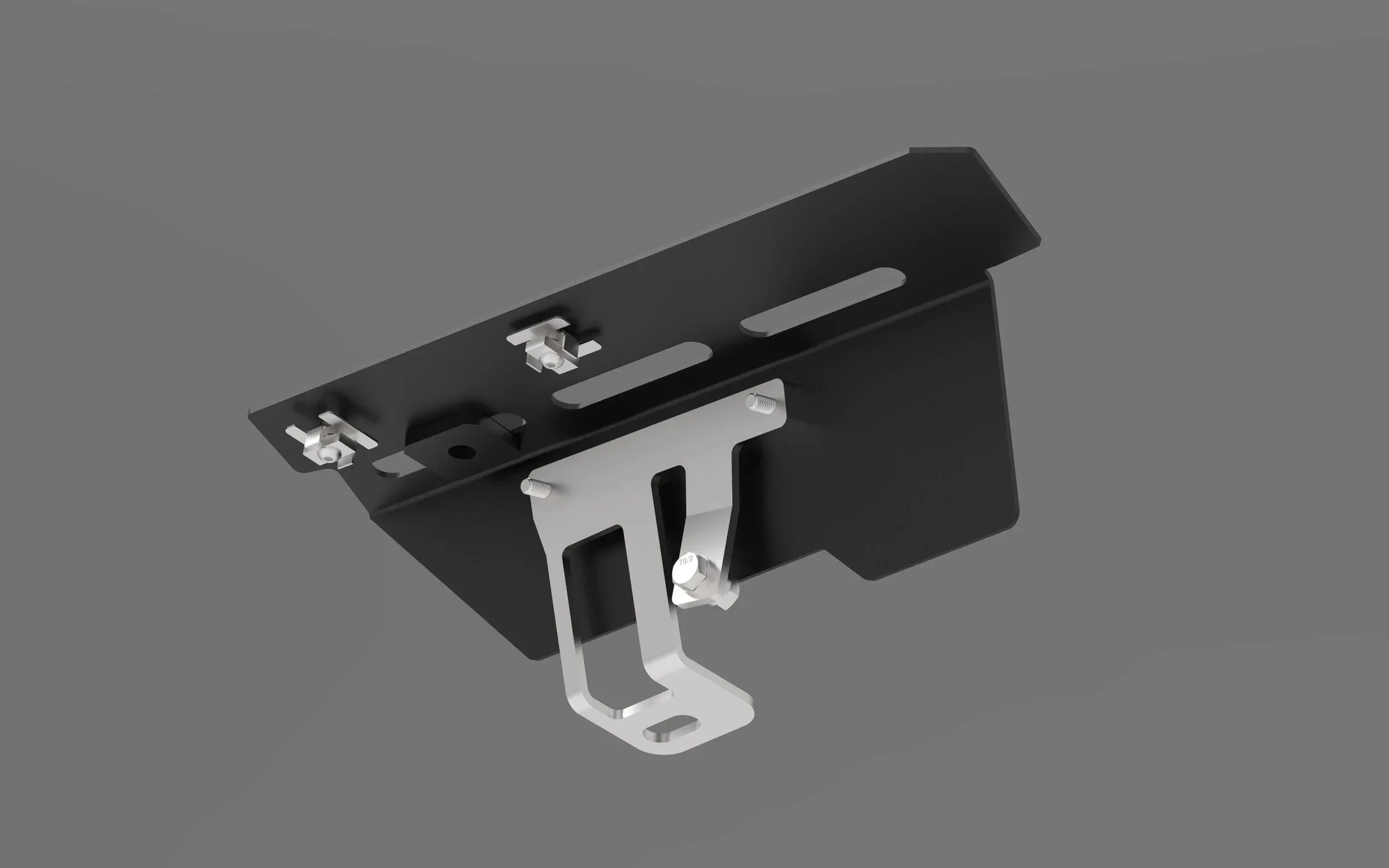 Steel skid plate bracket for overlanding vehicle, black and silver, isolated on grey background