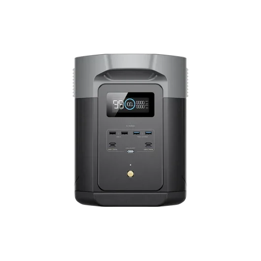 Portable power station with display screen and multiple USB and AC outlets, front view