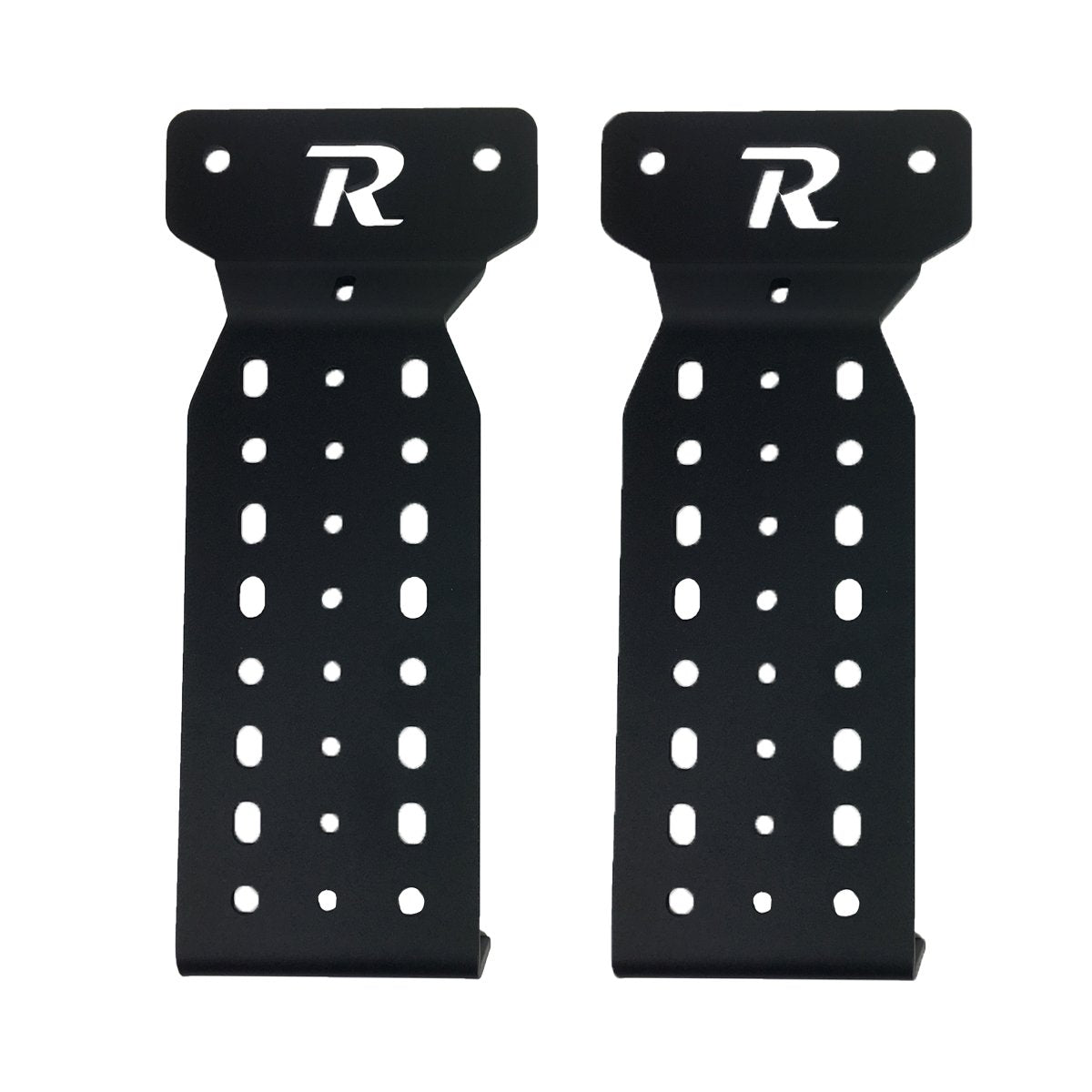 Pair of black metal mounting brackets with multiple holes for overlanding vehicle accessories