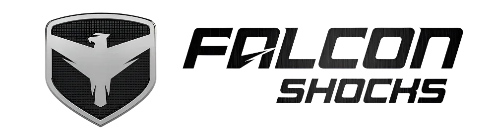 Falcon Shocks logo with a metallic hawk emblem, auto suspension branding