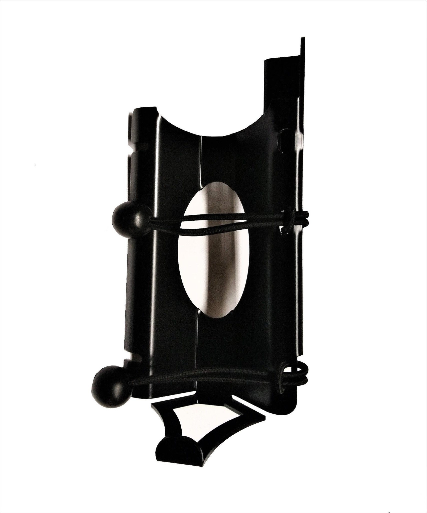 Fire extinguisher bracket for Jeep Wrangler JL 2-door, black metal mount on white background