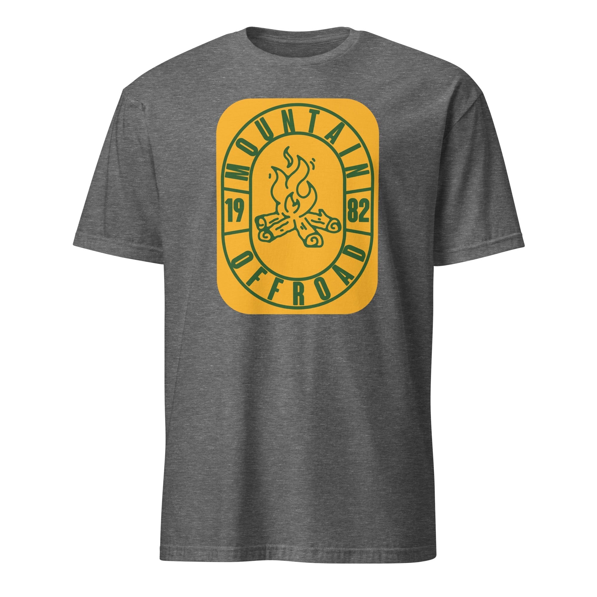 Gray t-shirt with yellow campfire graphic and green Mountain Offroad 1982 text, outdoor camping style