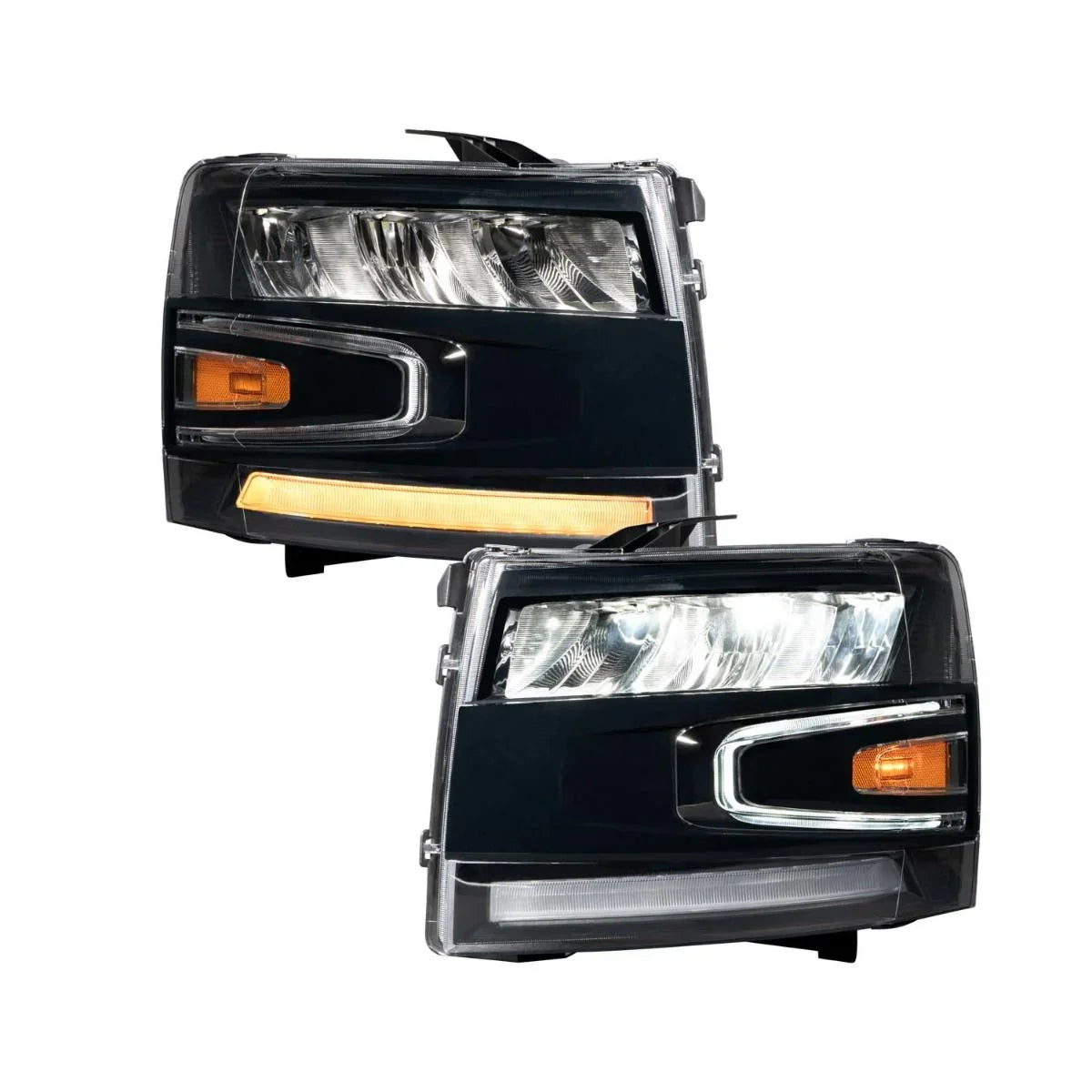 Pair of Chevrolet Silverado black headlight reflectors with amber and clear lenses