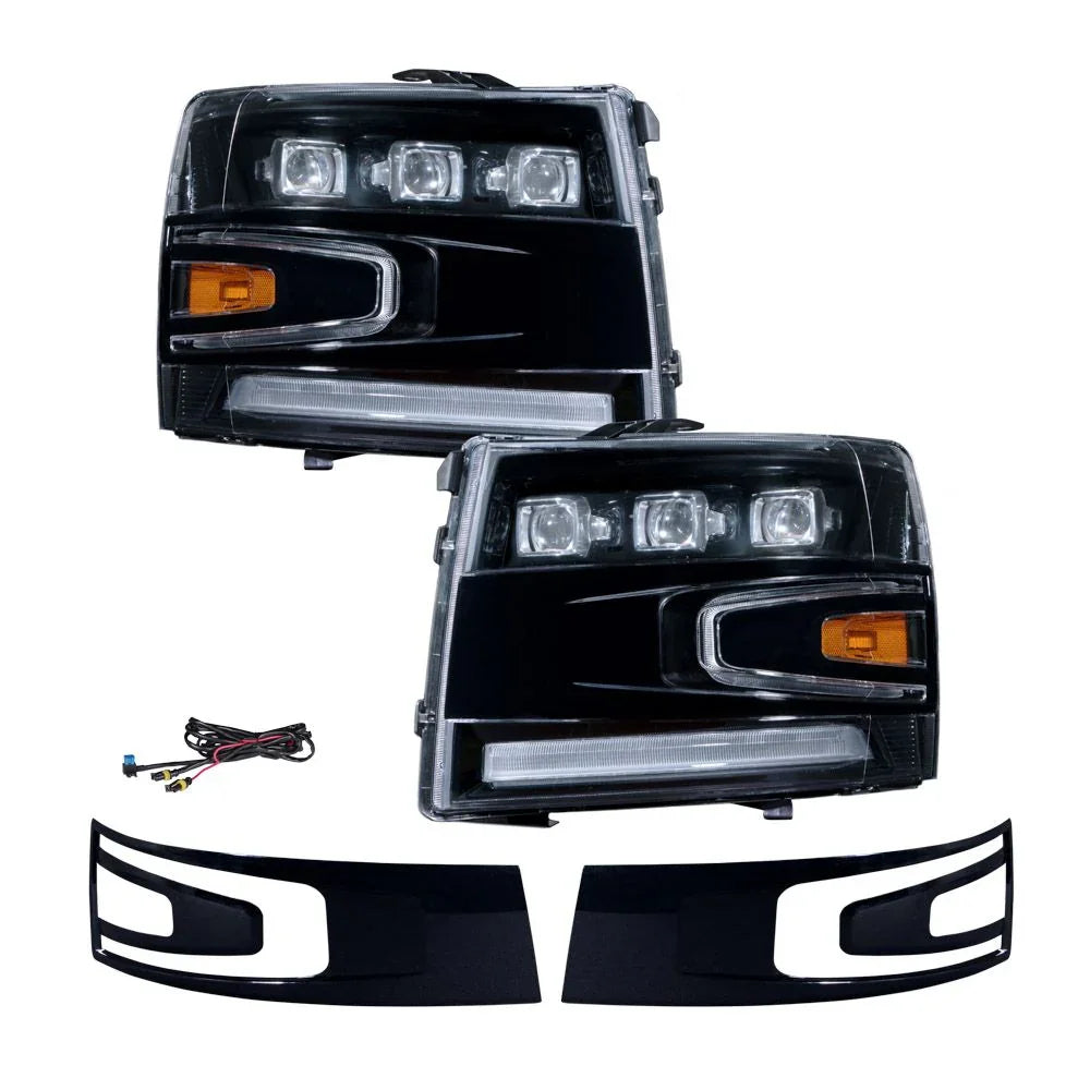 Chevy Silverado LED headlight pair with wiring harness and trim pieces on white background