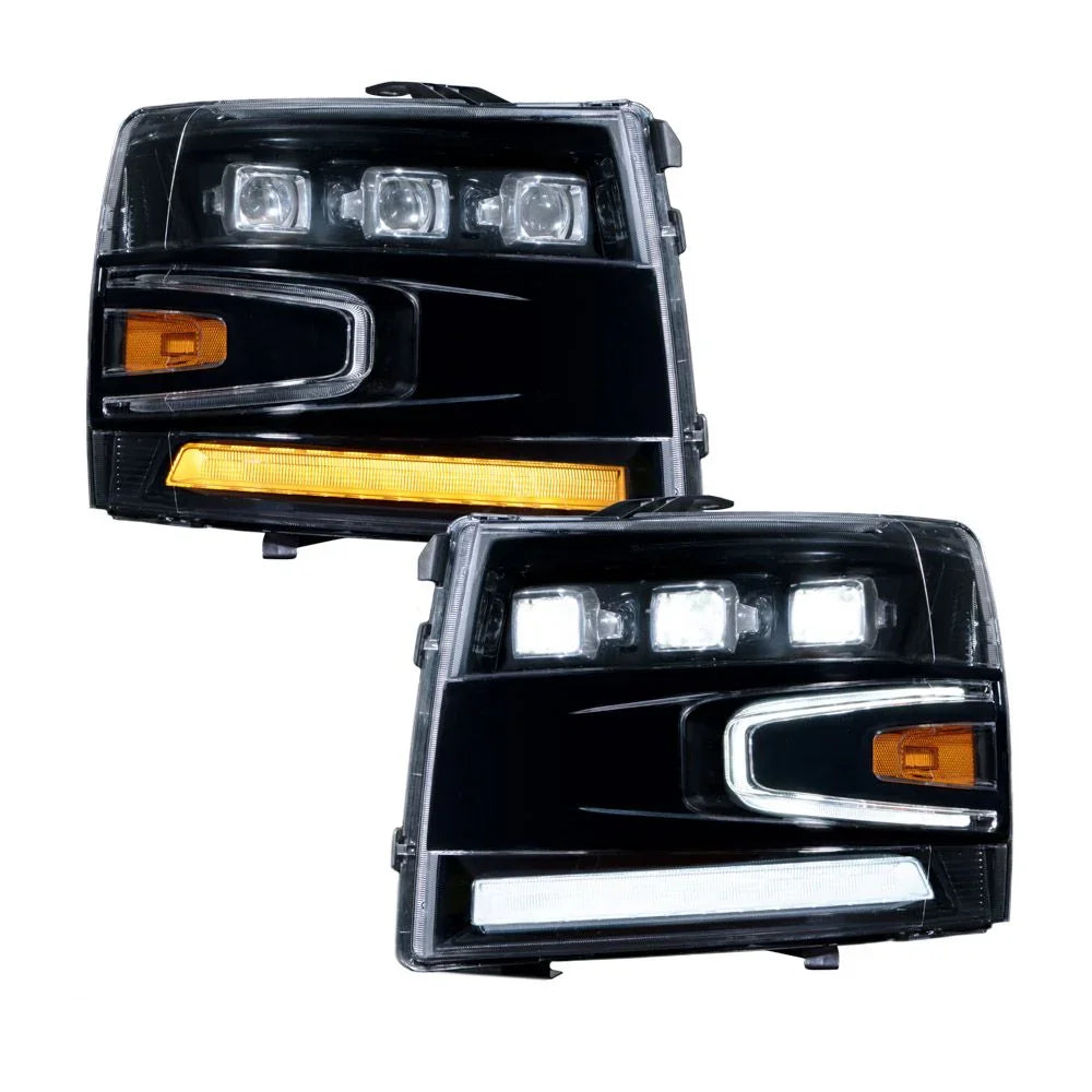 Chevy Silverado LED projector headlight pair with amber and white accents