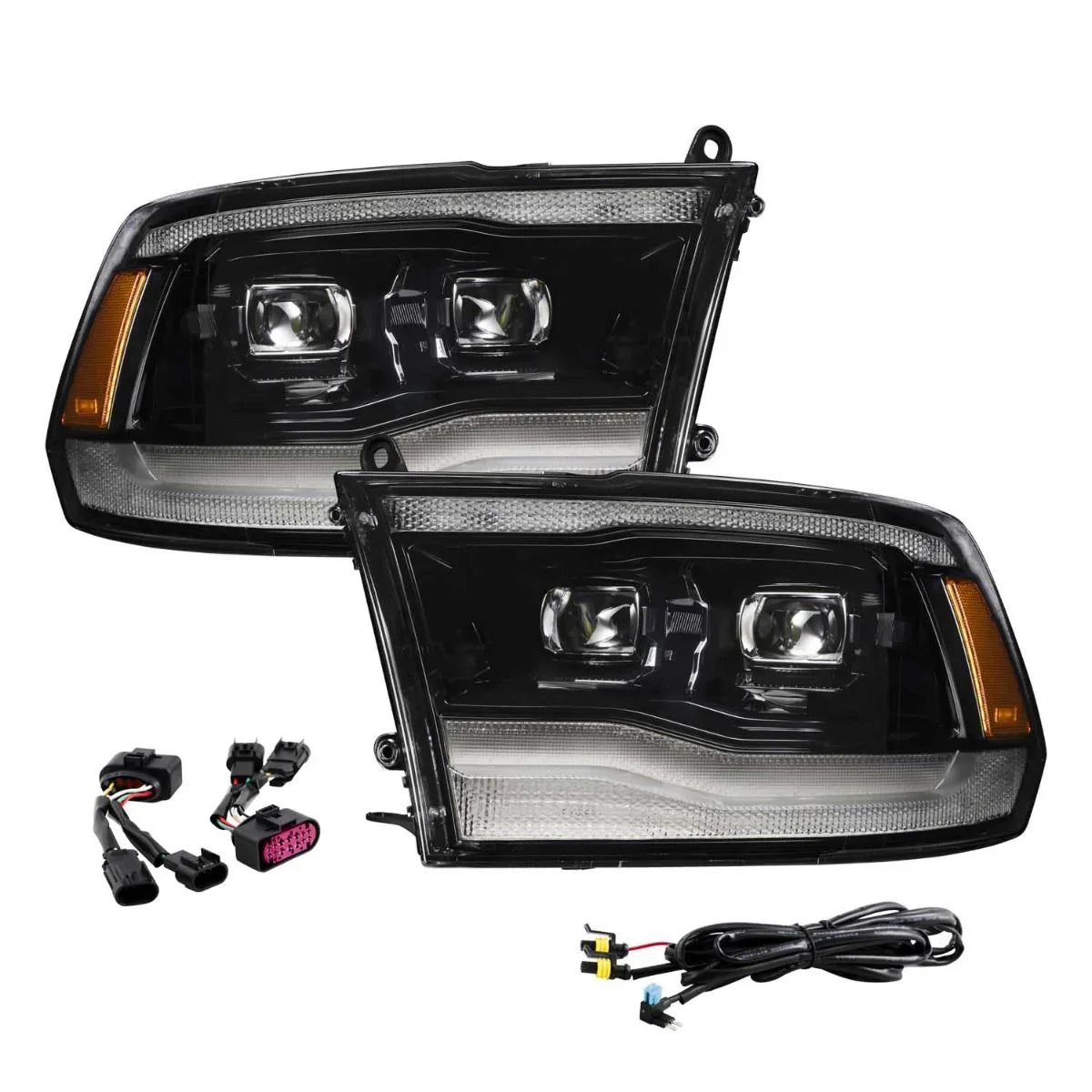 Pair of black projector headlights and wiring harness for RAM 1500 truck