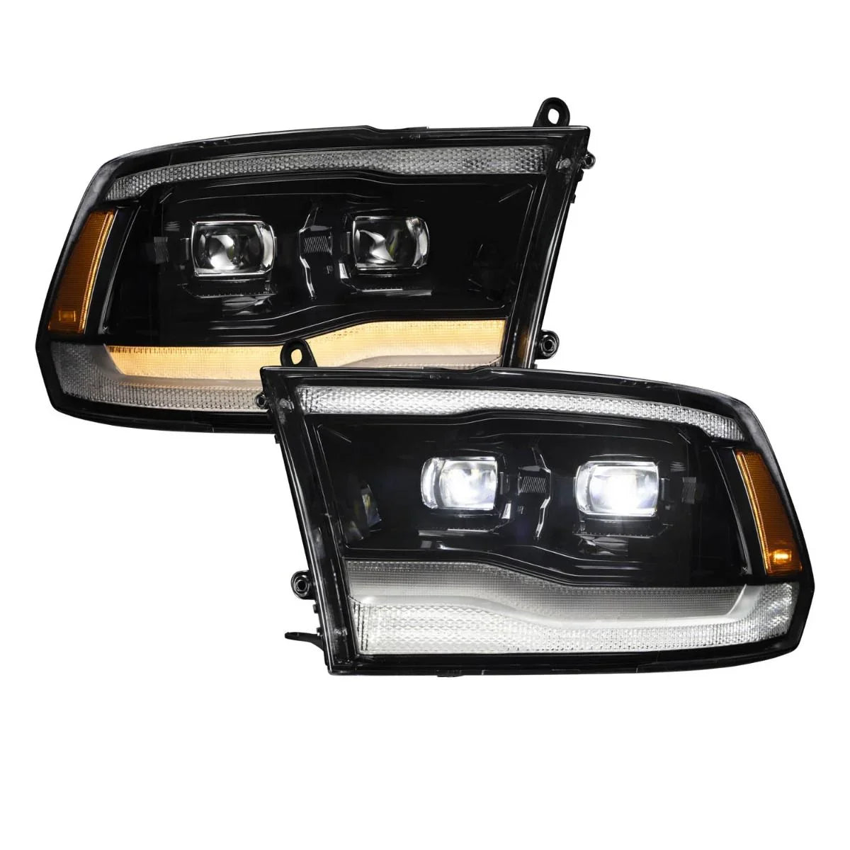 Pair of LED projector headlights for Ram 1500, black housing, clear lens, amber reflectors