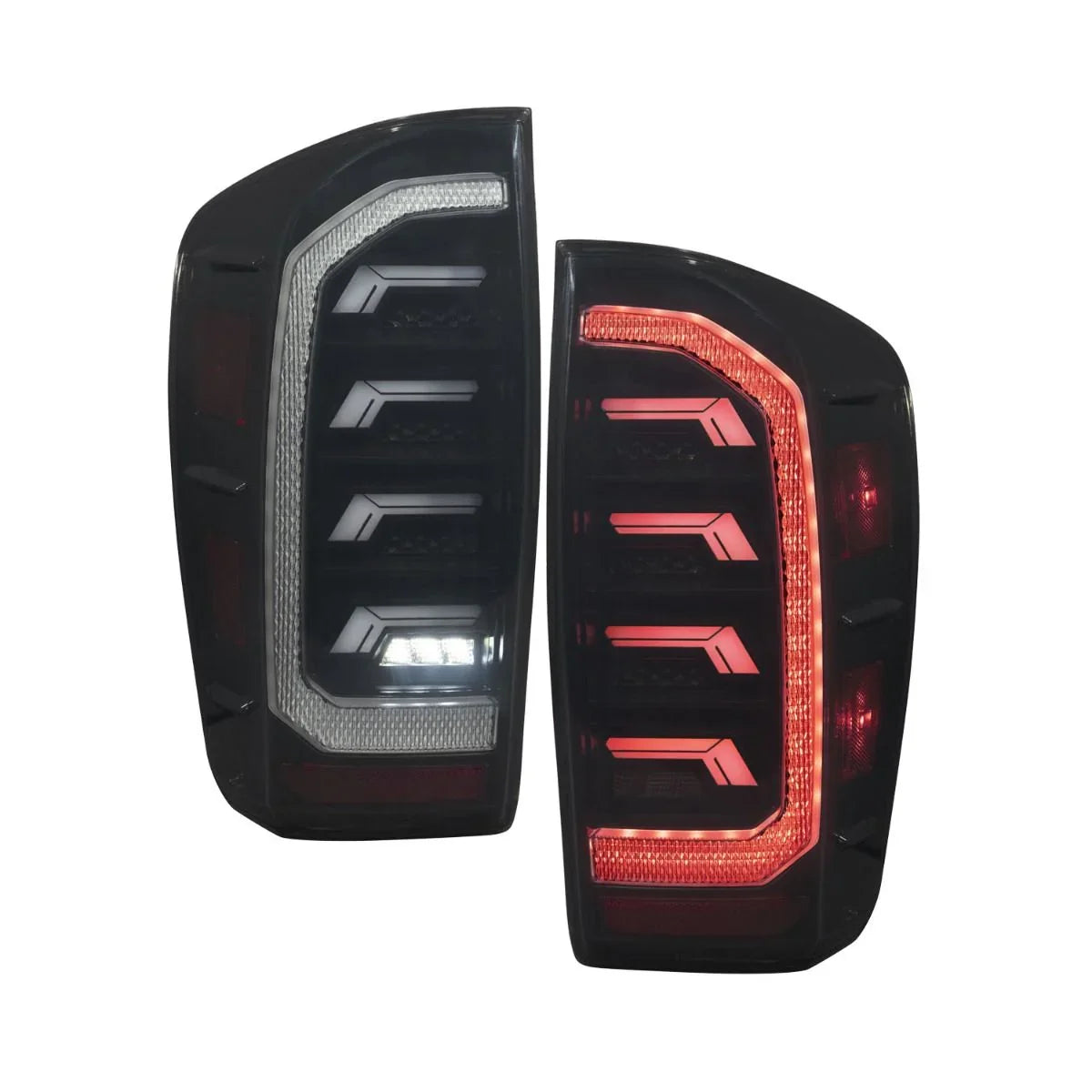 Pair of LED taillights for 2016 Toyota Tacoma, one in reverse mode, dark housing design