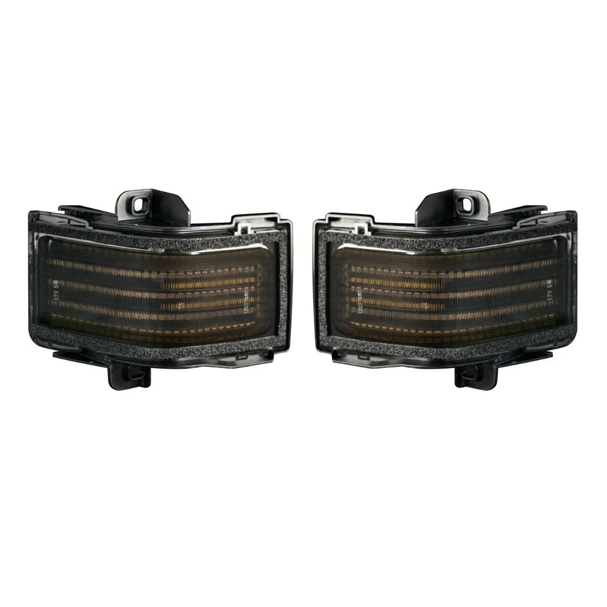 Pair of smoked lens mirror lights for 2017 Ford F250 truck, close-up view