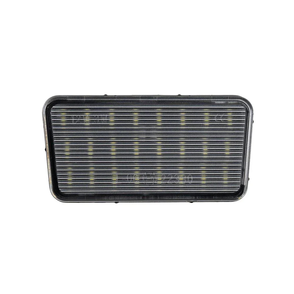 Rectangular LED license plate light for Jeep Wrangler JL, front view on white background