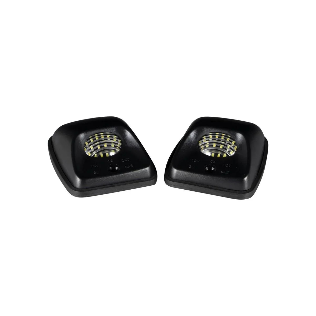Pair of black LED license plate lights for 2005 Toyota vehicles, side by side on white
