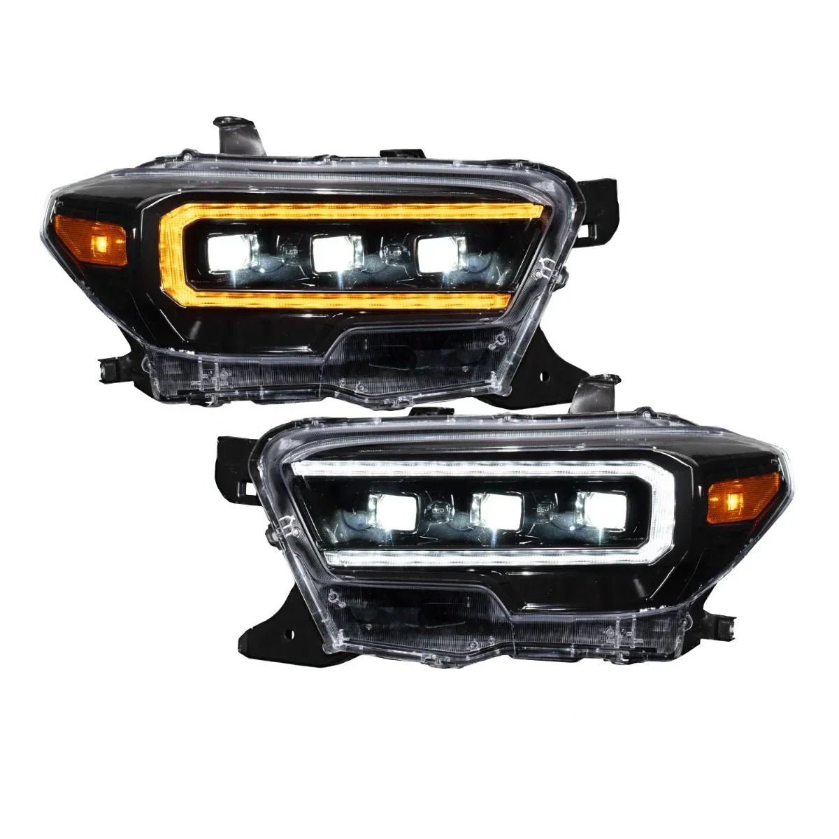 Toyota Tacoma dual color LED DRL headlamp pair, smoke lens, low beam lights