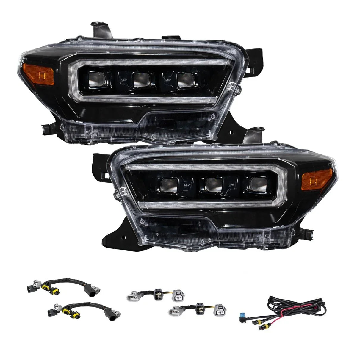 Toyota Tacoma aftermarket LED headlamp pair with dual color DRL and wiring harness kit