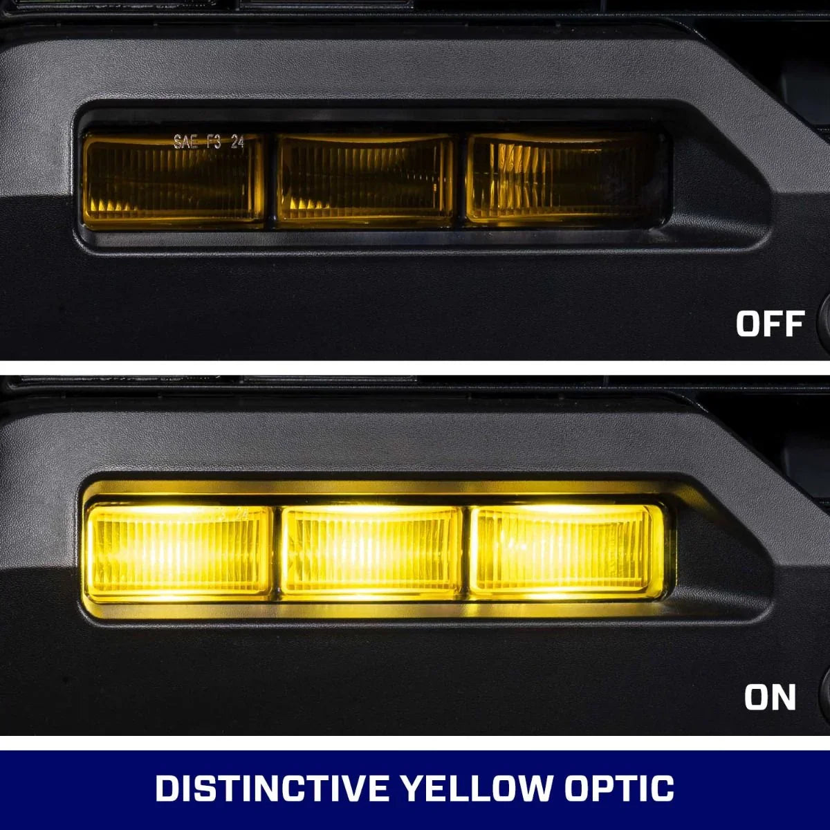 LED amber fog light comparison, off and on, for overlanding vehicles, close-up view