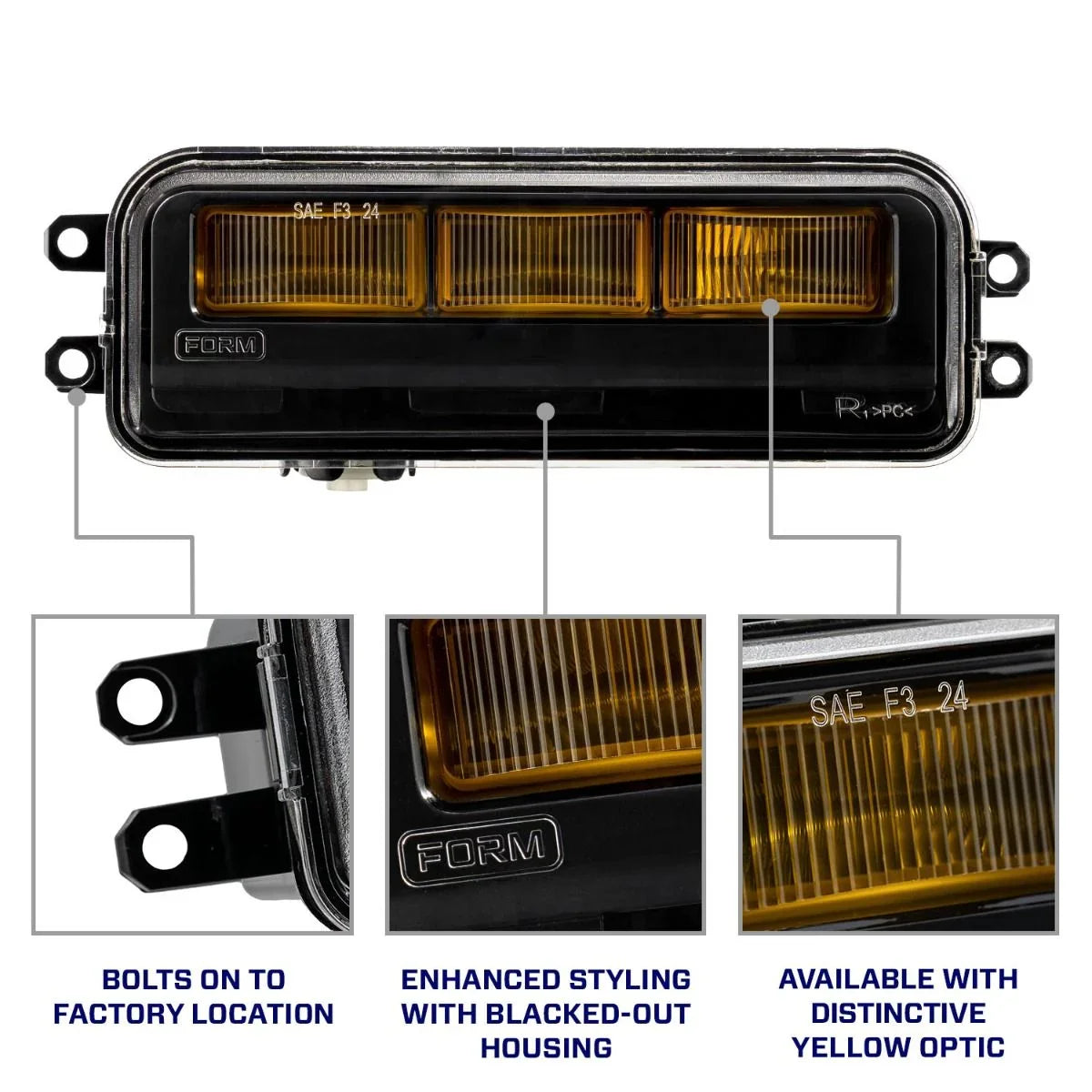 Amber rectangular off-road fog light with blacked-out housing and yellow optic for vehicles.