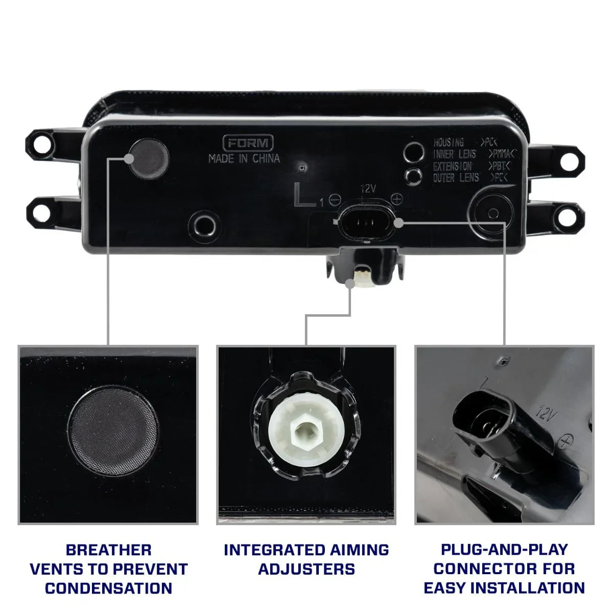 Automotive fog light housing with breather vents, aiming adjusters, and plug-and-play connector.