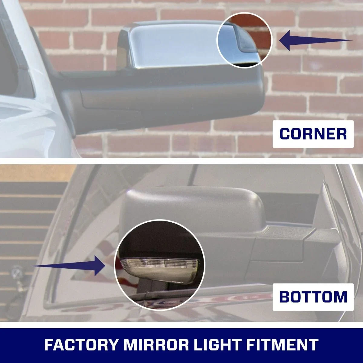 Comparison of vehicle side mirror lights showing corner and bottom factory mirror light fitment