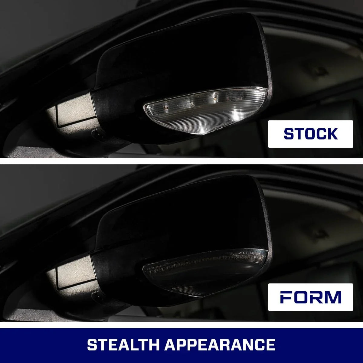 Comparison of stock vs upgraded blacked-out side mirror turn signal on vehicle