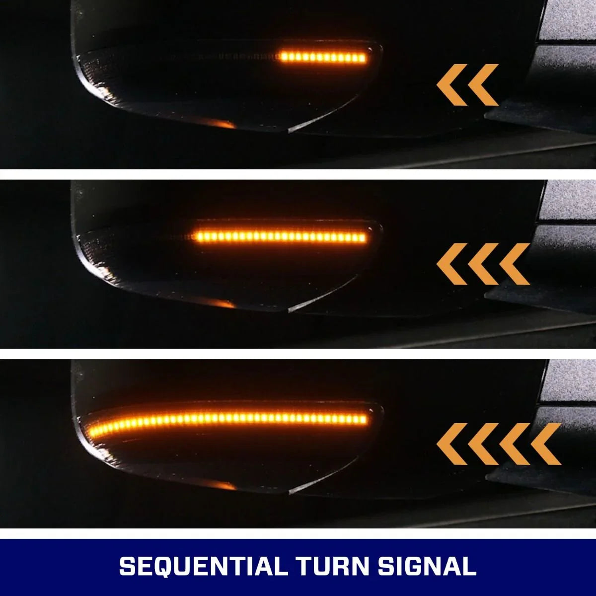 Close-up of sequential LED turn signal light in three phases, ideal for truck or SUV upgrades.