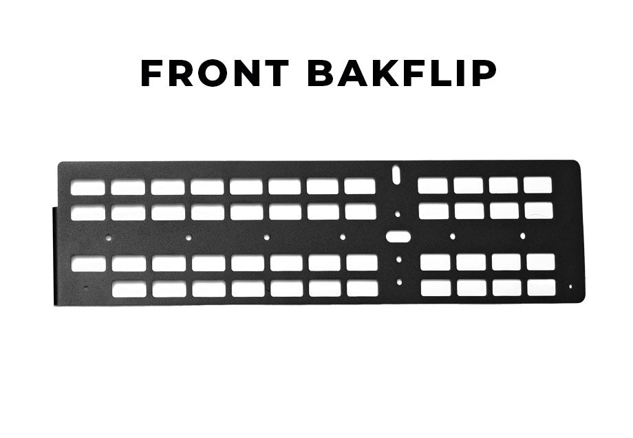 Black MOLLE panel for overlanding vehicle storage labeled FRONT BAKFLIP on white background
