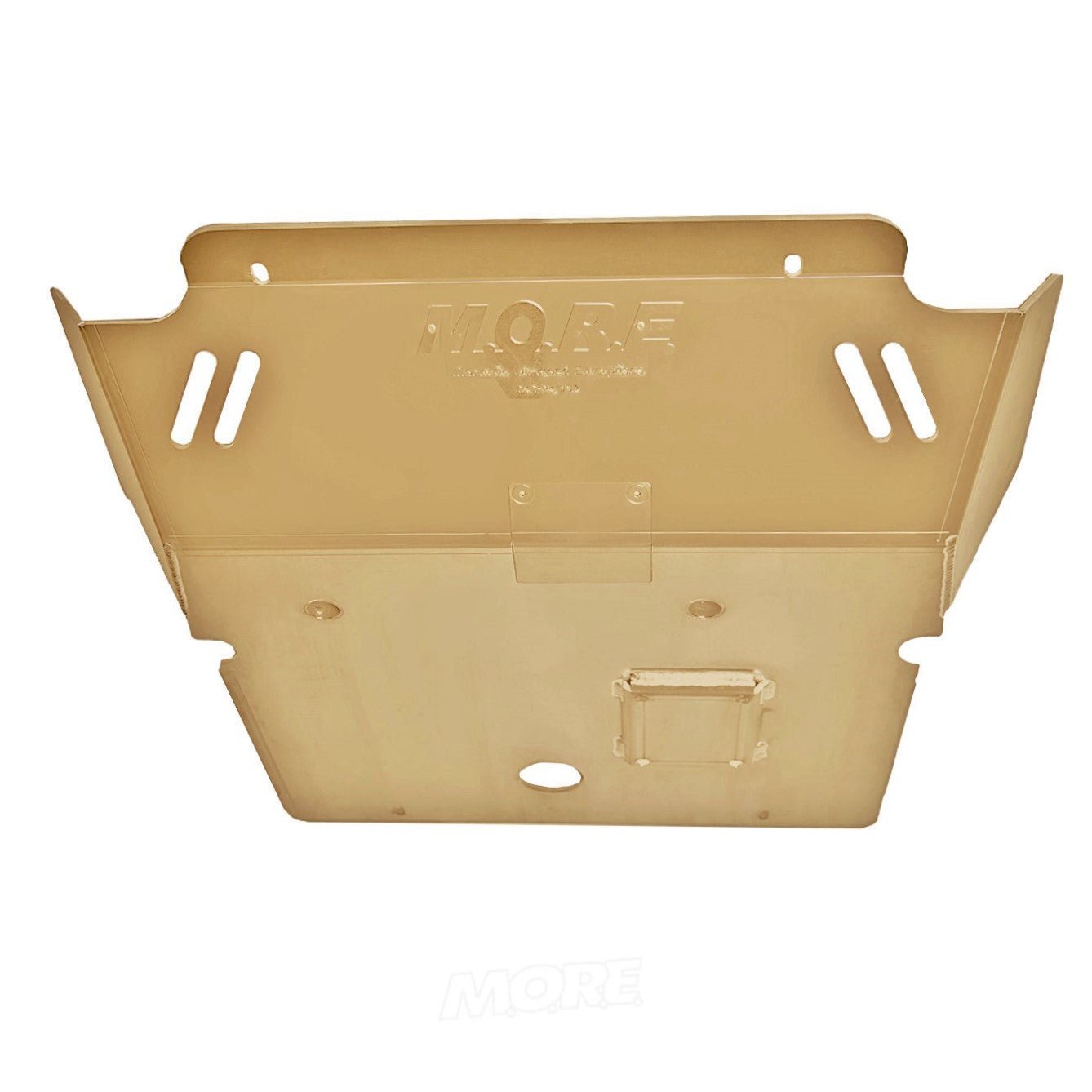 Aluminum front skid plate for Toyota Tacoma Gen 2 and 3, cutouts and mounting slots visible