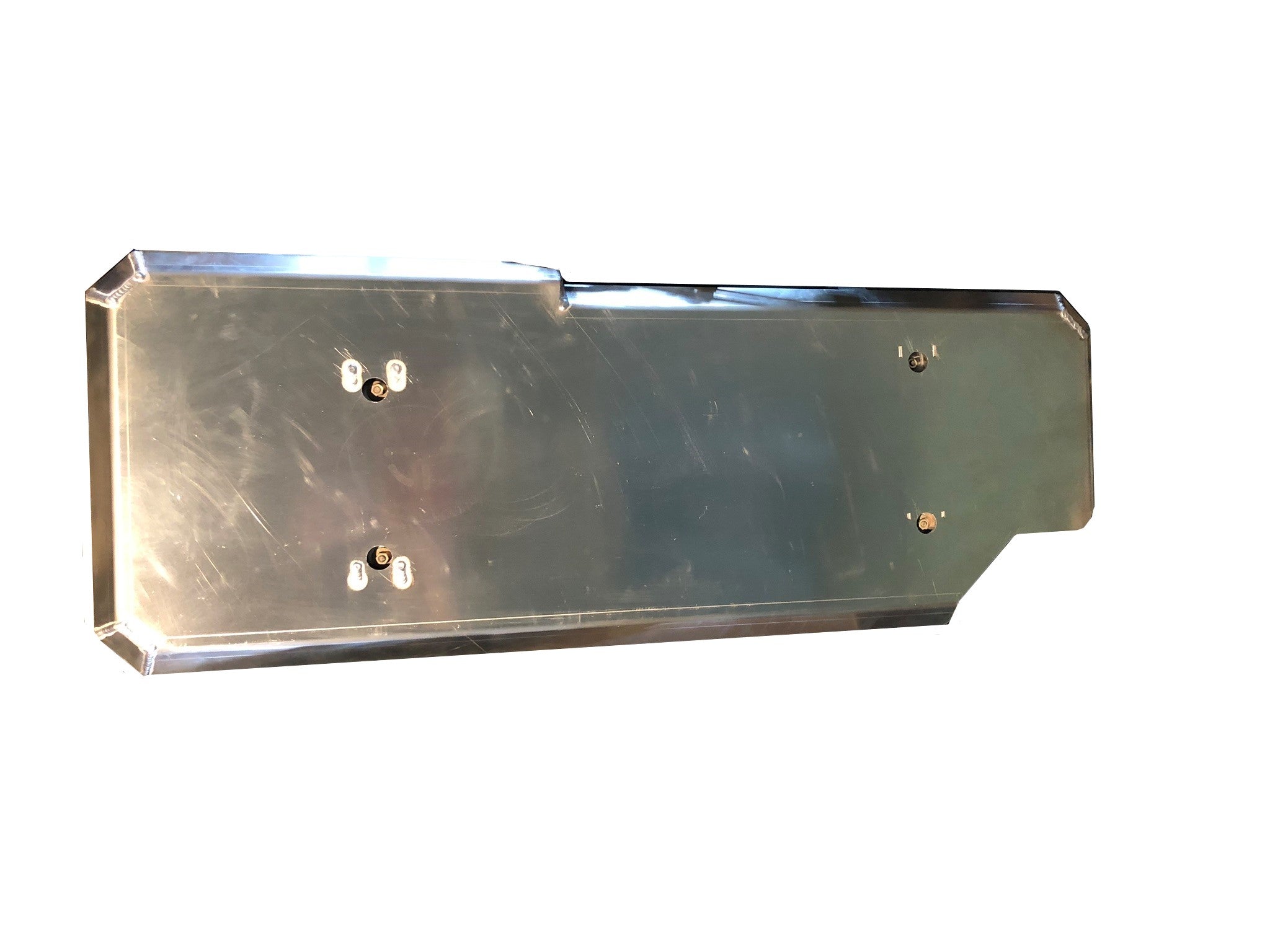 Aluminum gas tank skid plate for Toyota Tacoma, flat rectangular panel with mounting bolts