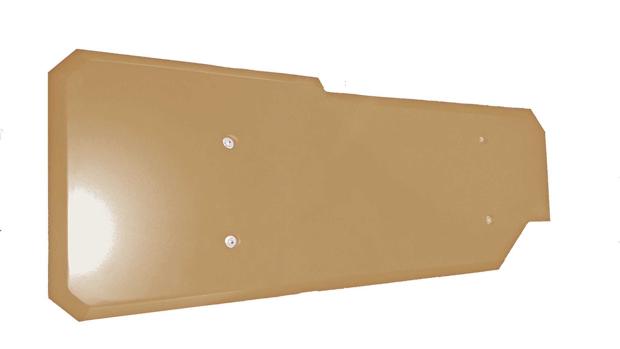 Steel gas tank skid plate for Toyota Tacoma, tan, with mounting bolts visible