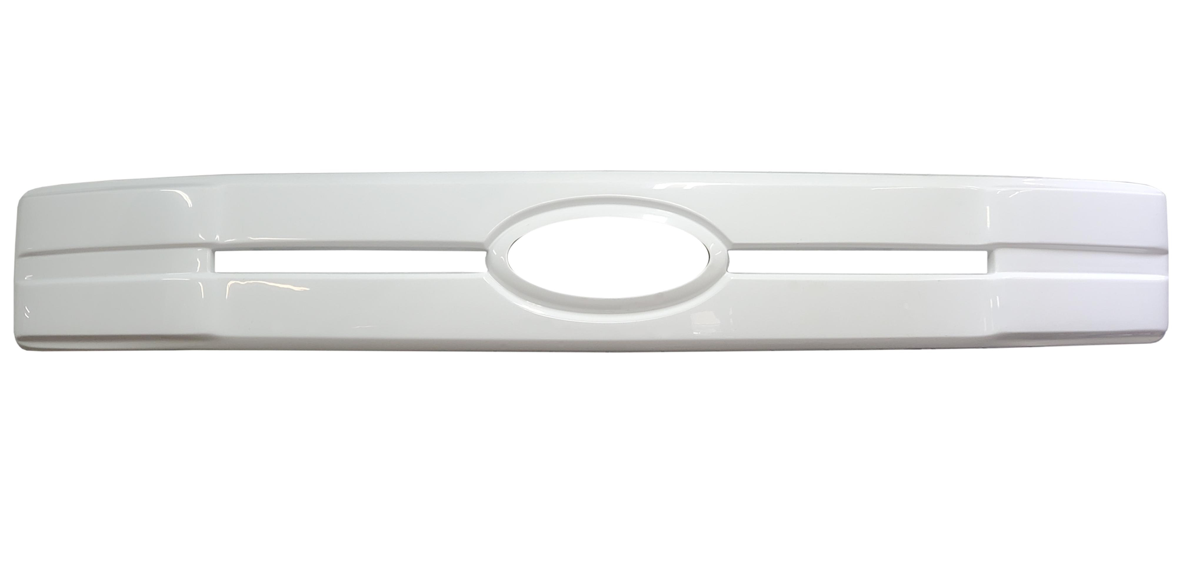 Gloss White Center Bar Grille Overlay for 2018-2020 F150, ready to enhance the vehicle with a chrome delete style